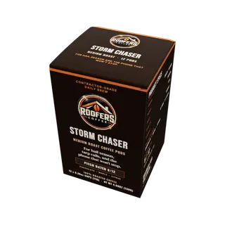 ROOFERS COFFEE Storm Chaser medium roast coffee pods box, top of the box