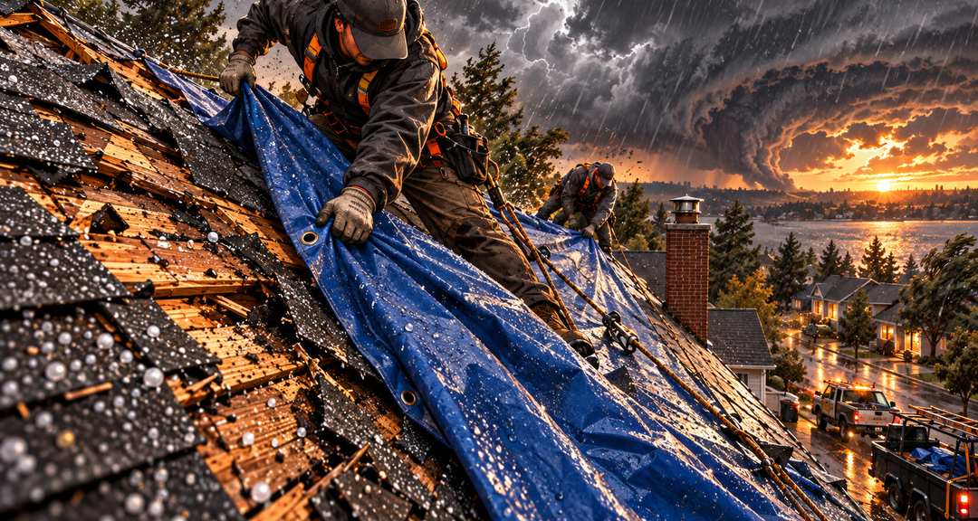A roofer spreading a blue tarp over a hail-damaged roof as a storm rolls in