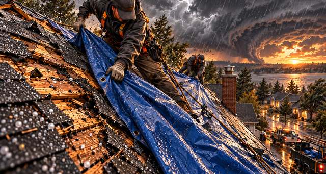 A roofer spreading a blue tarp over a hail-damaged roof as a storm rolls in