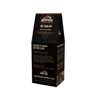 ROOFERS COFFEE The Tear-Off medium-dark roast 12 oz coffee box, back panel with the story and brew guide