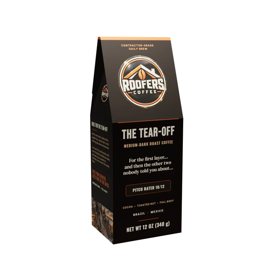 ROOFERS COFFEE The Tear-Off medium-dark roast 12 oz coffee box, front view