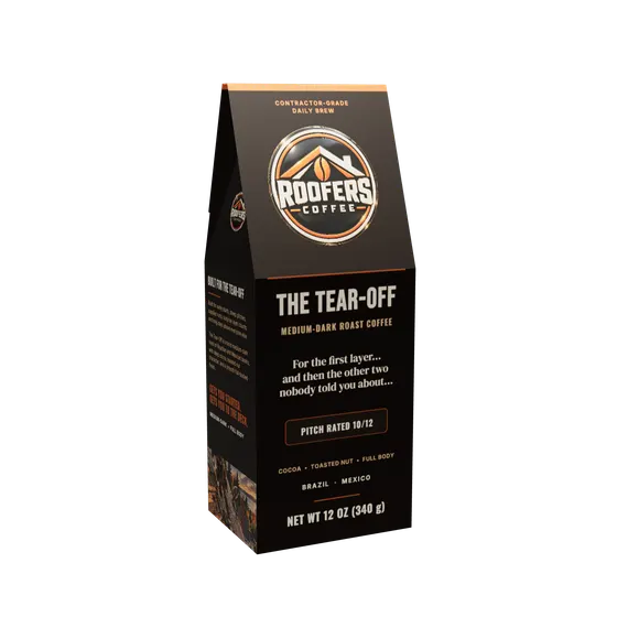 ROOFERS COFFEE The Tear-Off medium-dark roast 12 oz coffee box, front view
