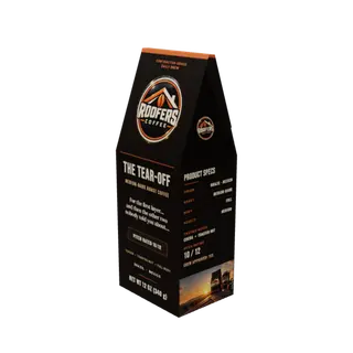 ROOFERS COFFEE The Tear-Off medium-dark roast 12 oz coffee box, three-quarter view showing the product specs panel