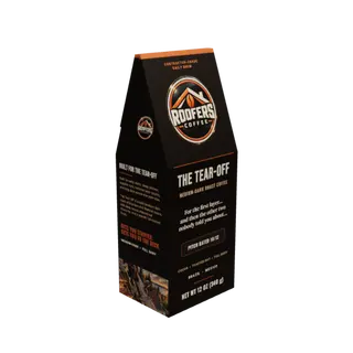 ROOFERS COFFEE The Tear-Off medium-dark roast 12 oz coffee box, three-quarter view showing the story side and artwork