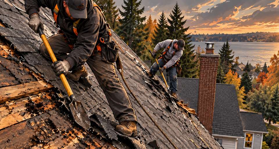 Two roofers tearing off old shingles on a steep roof on a fall afternoon
